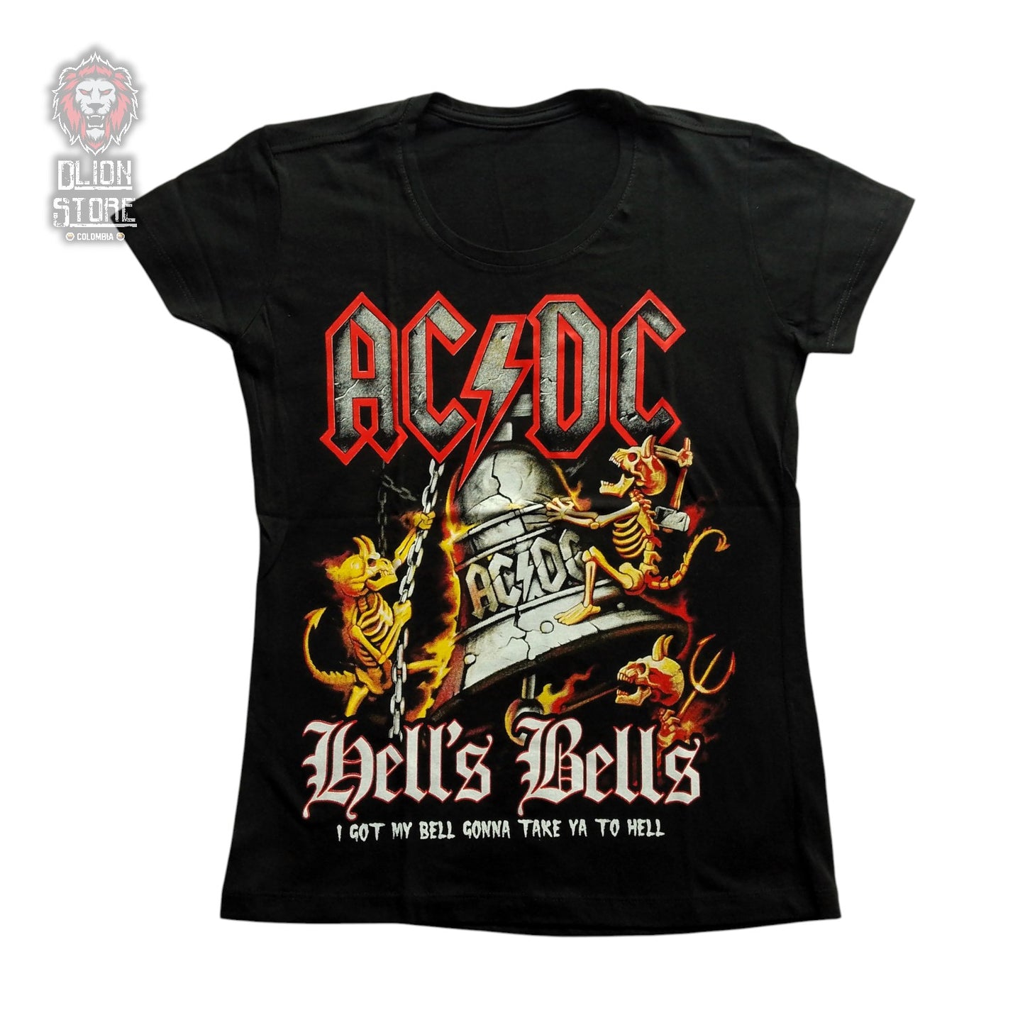 Camiseta negra Dama de ACDC estampada, producto de DLion Store