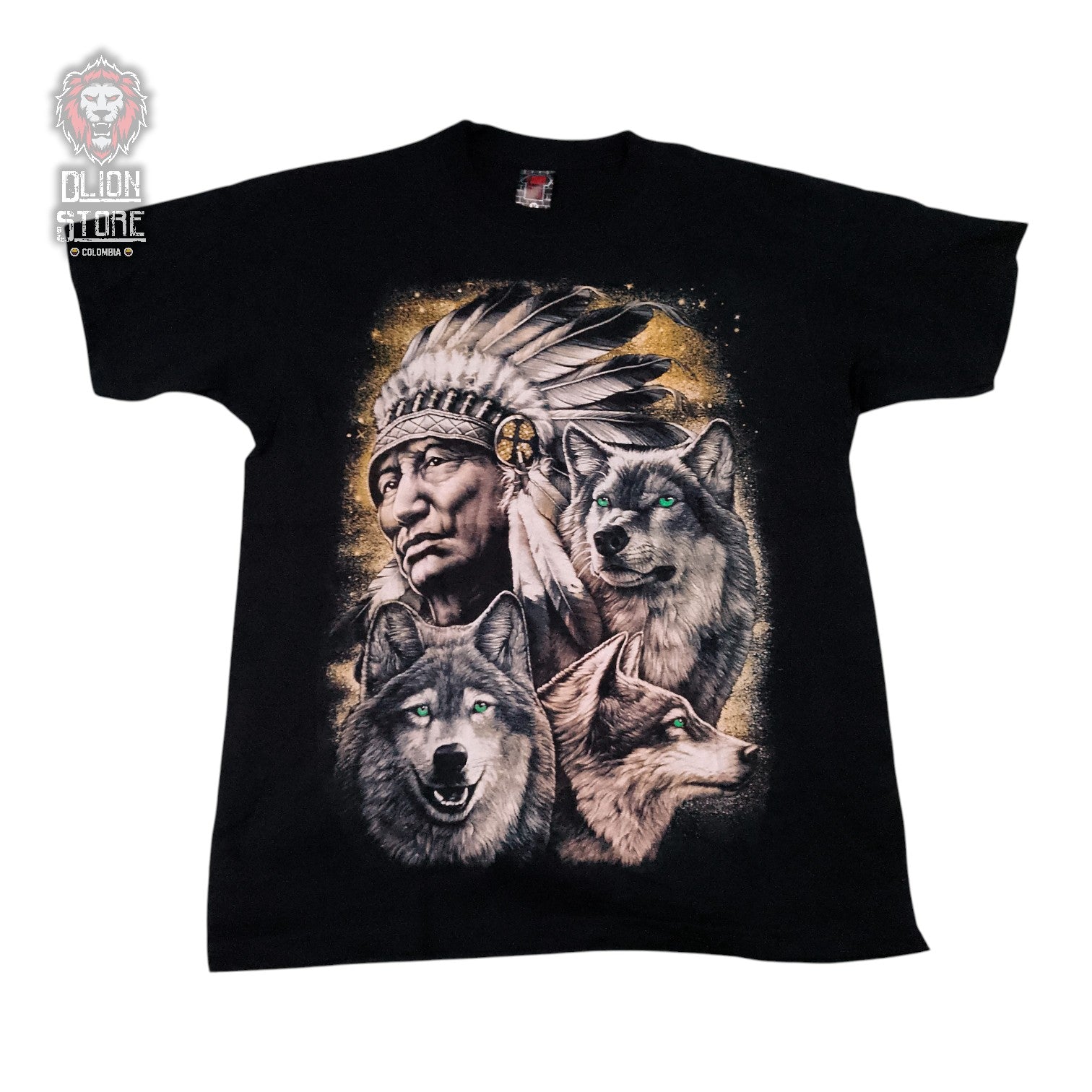 Camiseta negra unisex de Indio y Lobos estampada, producto de DLion Store