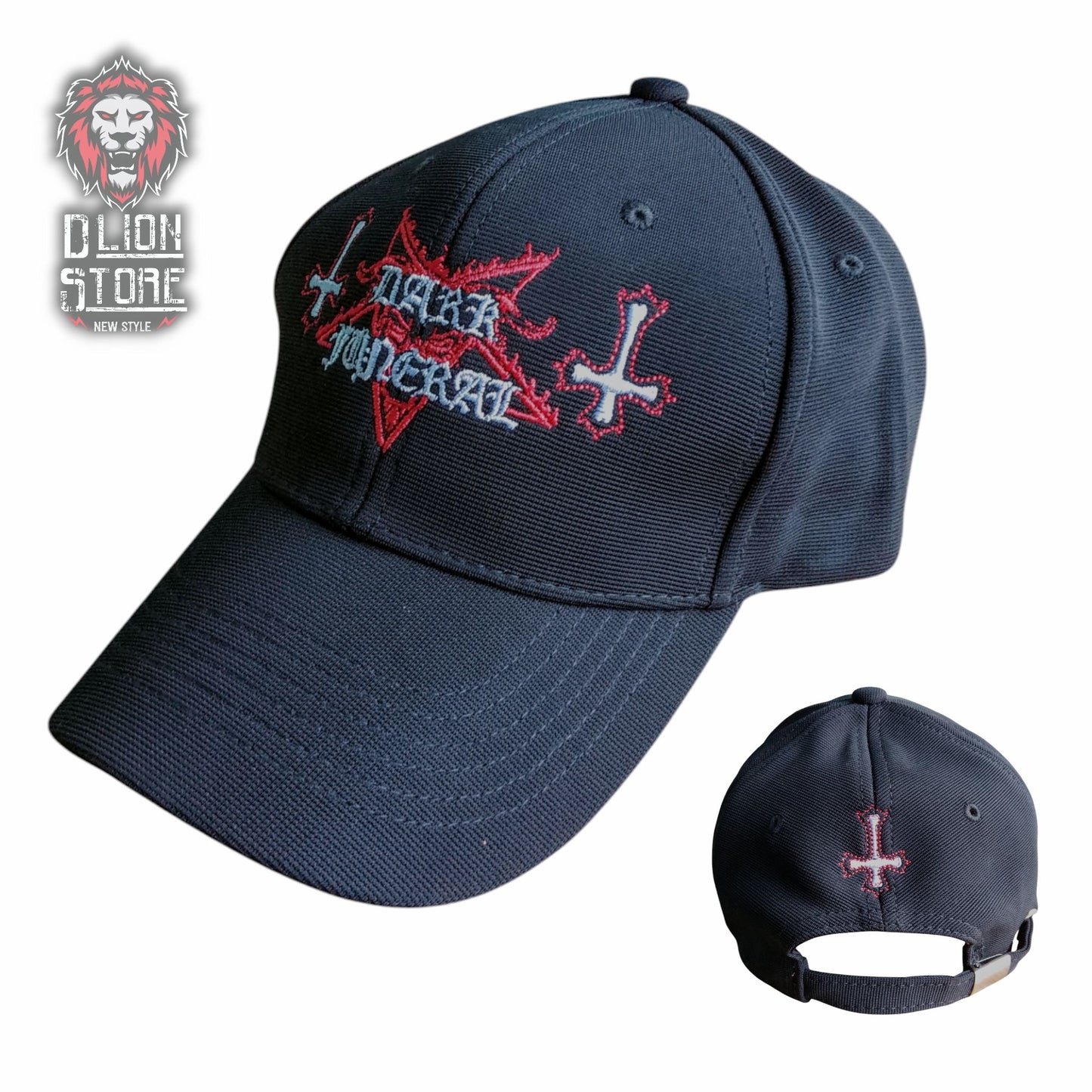 Gorra acrílica, bordada, color negro, disponible en DLion Store.